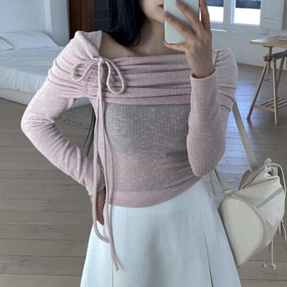 New Arrivals Open Run Off Shoulder Two Way BalleT Ribbon T shirT Sheer Long Slee