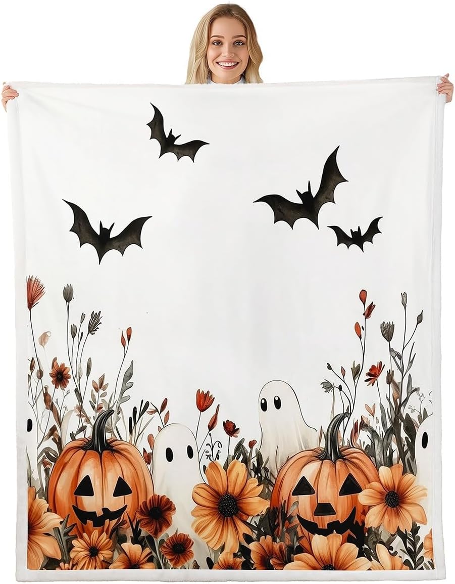 

GUOYU Blanket Cute Ghost Fleece Blanket Baby Happy Halloween Holiday Sherpa Blanket White Spiderweb Geometric Checked Fuzzy Plush Throw for 75x100cm (30x40inch)