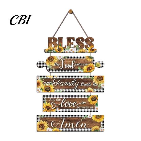 Solid Wood Bless Sign Wooden Kitchen Wall Decor, 5 Panel Food Family Love Plaque with Rope Hanging Sign, Farmhouse Art for Dining Room Living Pastoral