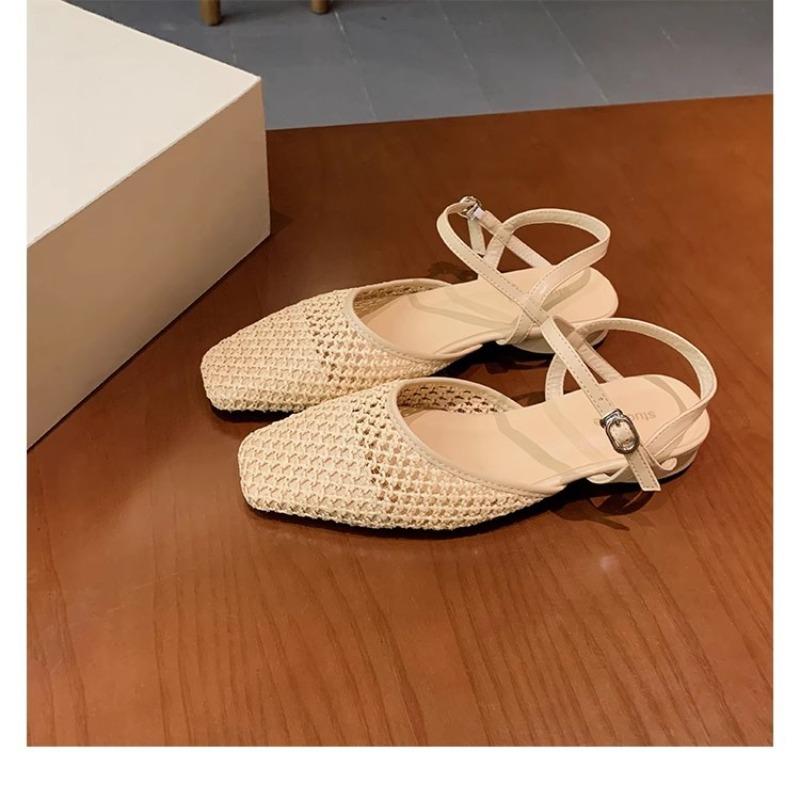 

Hollowed-out Women s Shoes Woven Square-toed Shallow-mouthed Thick-heeled Versatile Sandals 35 бежевий