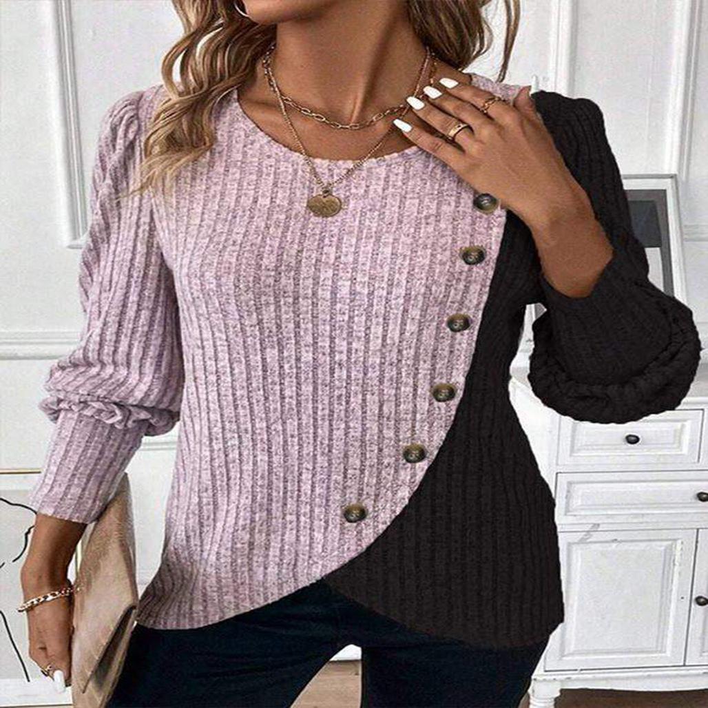 

2024 European & American Women s Color Block Crew Neck Ribbed Knit Crossover Hem Long Sleeve T-shirt Small рожевий