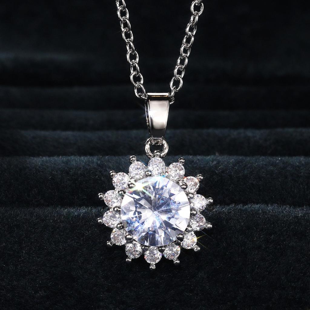 Big Center Round Stone Sunflower Halo Pendant Women Classic Cable Chain Clavicle Necklace