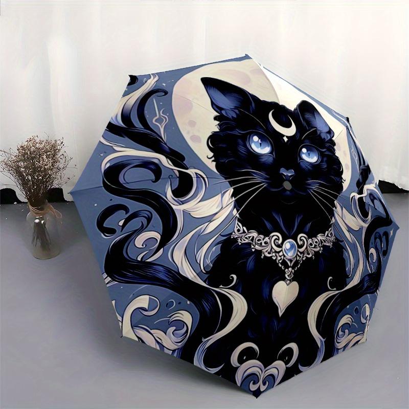 1pc Moonlight Black Cat Fully Automatic Folding Portable Umbrella, 8 Iron Frames, Three-Fold Design, Suitable for All Seasons, Suitable for
