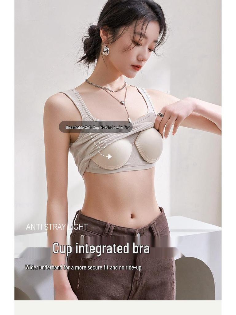 Women's Summer Sling Tank Top with Integrated Padded Bra, Thin Style, Anti-Auxiliary Breast Bandeau.