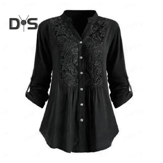 

Жіноча сорочка із запонками, V-подібним вирізом, вільна мереживна блуза великого розміру середньої довжини, топ з довгим рукавом і квітковою вишивкою для поїздок на побачення та повсякденні поїздки. 2XL чорний