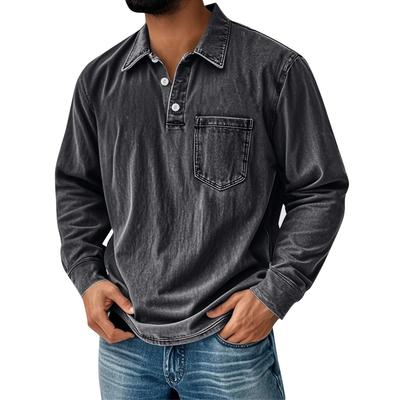 Men's Solid Color T-Shirt Washed Sports Button Pocket Lapel Collar Long Sleeve Tops