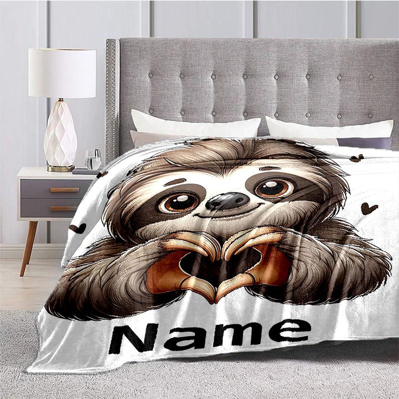 Personalized Sloth Blanket Heart Shape Hands Cute Animal Design Custom Name Soft Fleece Throw Gift For Her Decor