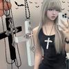 Y2K Schwarz Weiß Holz Kreuz Langes Anhänger Halsketten Gotisch Punk Kette Choker Halskette für Frauen Männer Mode Schmuck Party Geschenke