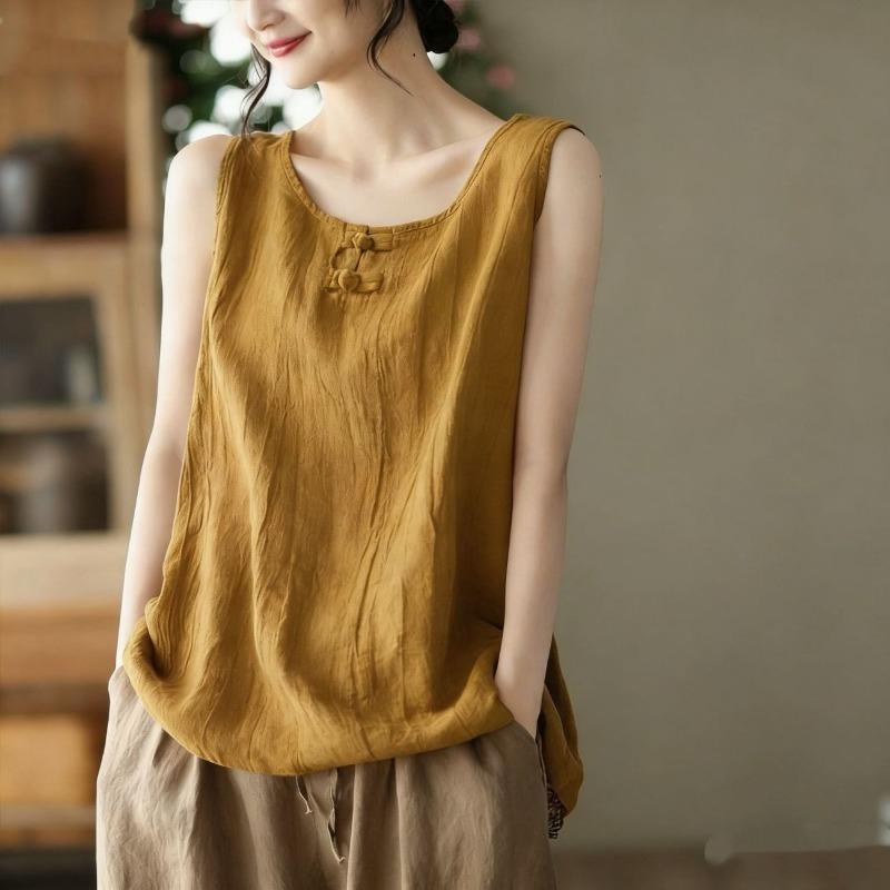 Ethnic Retro Solid Color Cotton Linen Loose Round Neck Frog Button Tank Top Women Outer Wear Casual Top