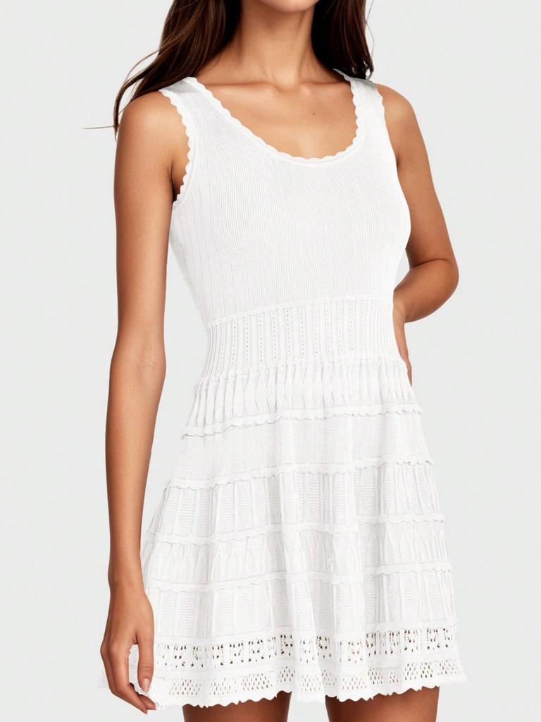 Women's Summer Tank Mini Dress Crew Neck Crochet Hem Flowy Knit Dress