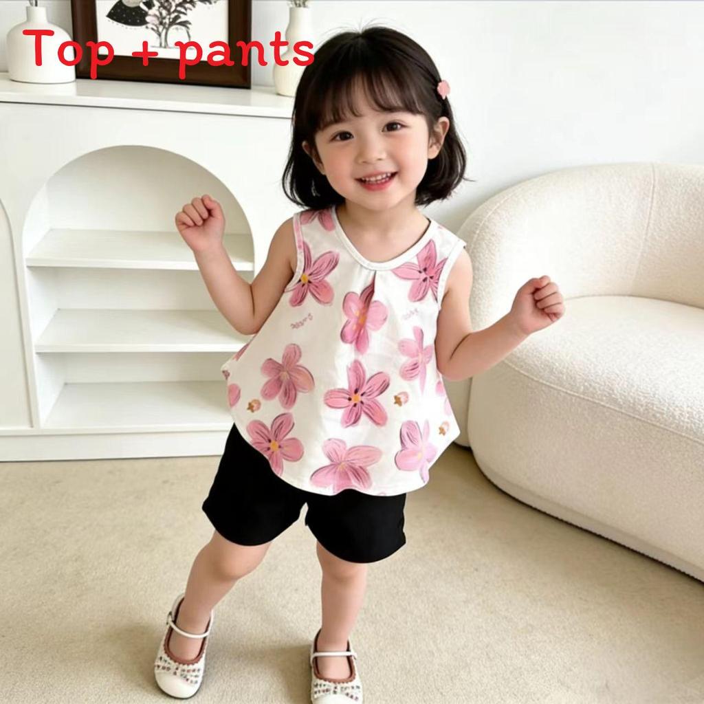 Summer Kids Twopiece Outfit With Floral Pattern Soft Fabric