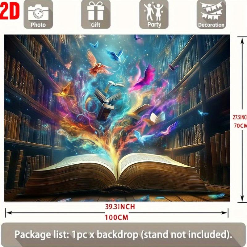 Magic Book Backdrop Banner, Flying Books with Colorful Birds Design, Photo Background for Home Decor Birthday Family Gathering Party