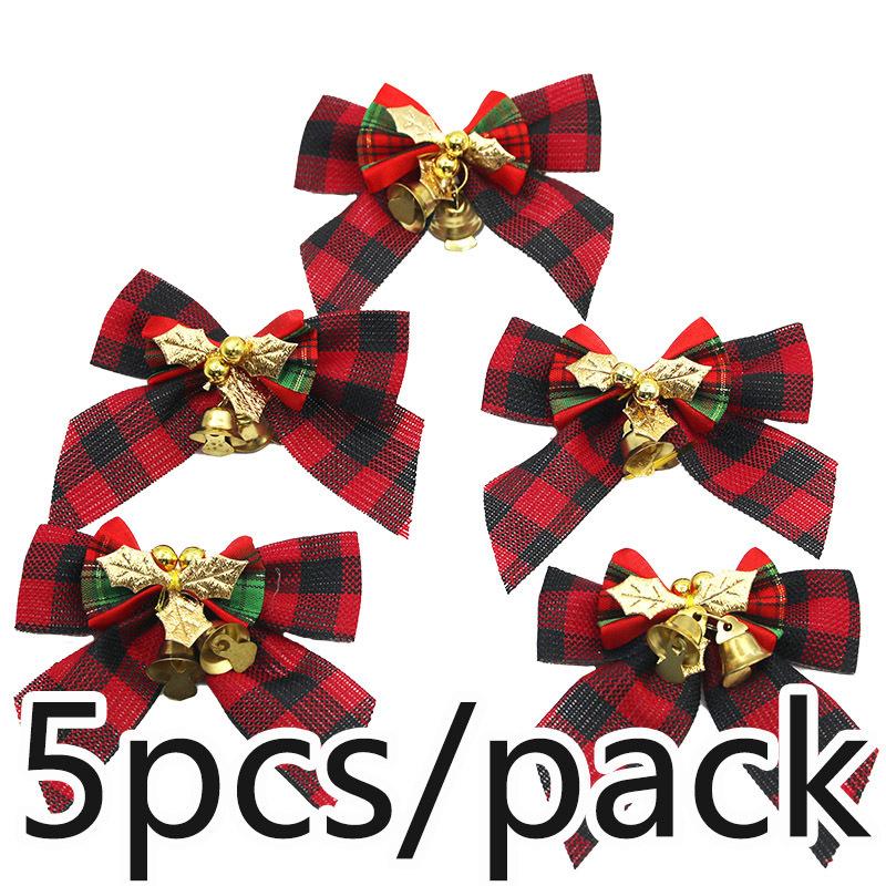 (5 Pcs/pack)8cm Christmas Checkered Butterfly Knot With Bell Christmas Decoration Home New Year Celebration Handmade DIY Pendant