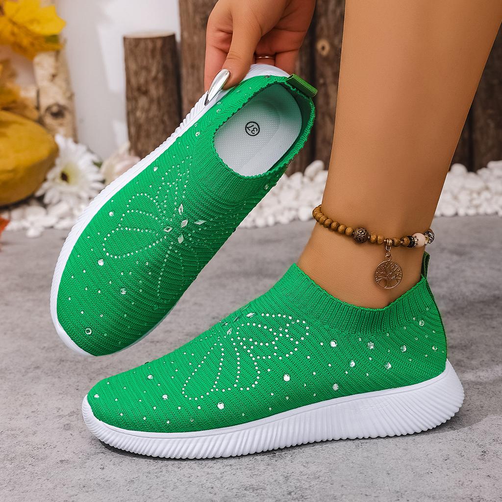 Fashion Casual Soft Sole Women's Shoes 2025 Spring and Autumn Round Toe Mesh Breathable Ribbon Rhinestone Soft Sole Non-Slip Flats