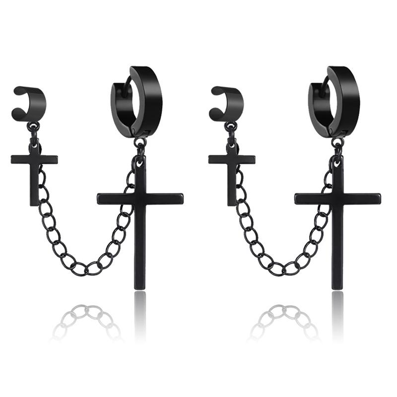 Unisex Stainless Steel Punk Stud Earrings for Men Women Black Geometry Star Cross Spike Skull Pendants Ear Jewelry Accessories