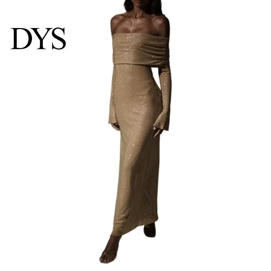 Bodycon Paillettenkleid Damen Abend Bateau-Ausschnitt Schulterfrei Lange Ärmel Schimmerndes Formelles Kleid Bronzefarben Trägerlos Abiball Cocktailparty Maxi