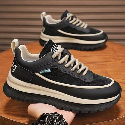 Thick-soled Travel Men's Shoes, Black Leather Surface Men's Running Anti-slip Sports Single Shoes M350