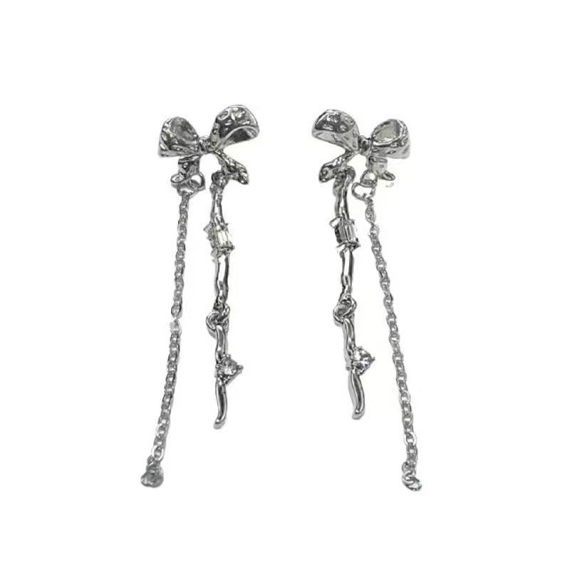 

Tassel bow zircon stud earrings women s niche design sense high-end earrings temperament long trendy earrings