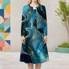Women Plus Size Teal Blue Printed Round Neck Long Sleeve Cardigan Sleeveless Midi Dress Two Piece Set