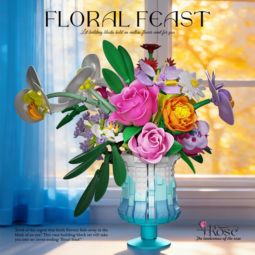 Non-Toxic 956Pcs Preserved Flowers Building Blocks Rose Daisy Lily Bouquet Vase Model Bricks Home Decoration Ornaments Kids Toys Gifts