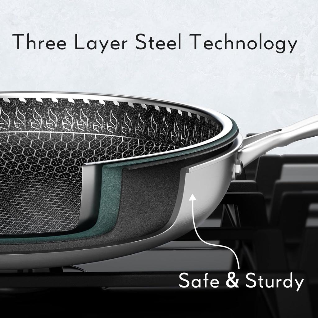 Bratpfanne aus Edelstahl mit Antihaftbeschichtung, Deckel und Kühlgriff, 10-Zoll-Wabenpfanne aus Edelstahl
