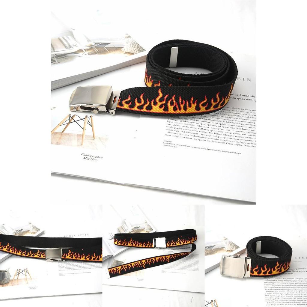 Fashionable Flame Pattern Metal Buckle Decoration Woven Canvas Belt For Men And Women Casual Style