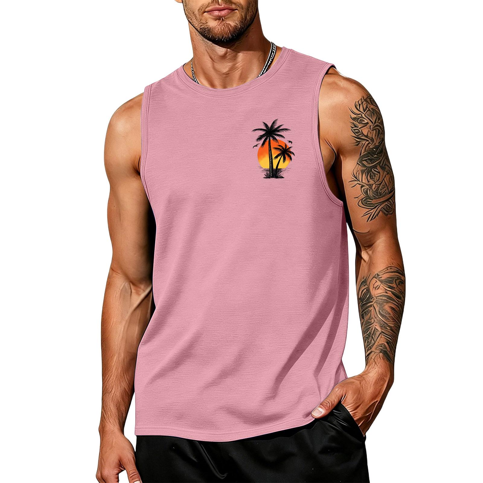 

Men Sleeveless Muscle Tank Top Crew Neck Relaxed Fit Tree Print Lightweight Casual Shirt for Summer Workout Beach XXXL рожевий