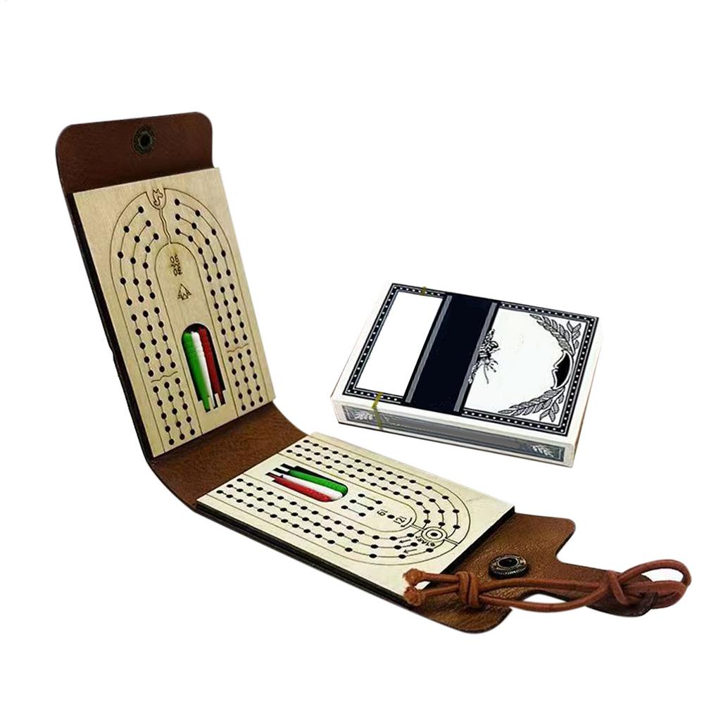 

Folding Cribbage Board Game Set Fun Table Game with Wooden Board Faux Leather Case Classic Cribbage Game with Full Deck of Cards