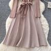 Autumn Winter Women Casual Full Sleeve Striped Knitted Sweater Pullover Lace-up Dresses