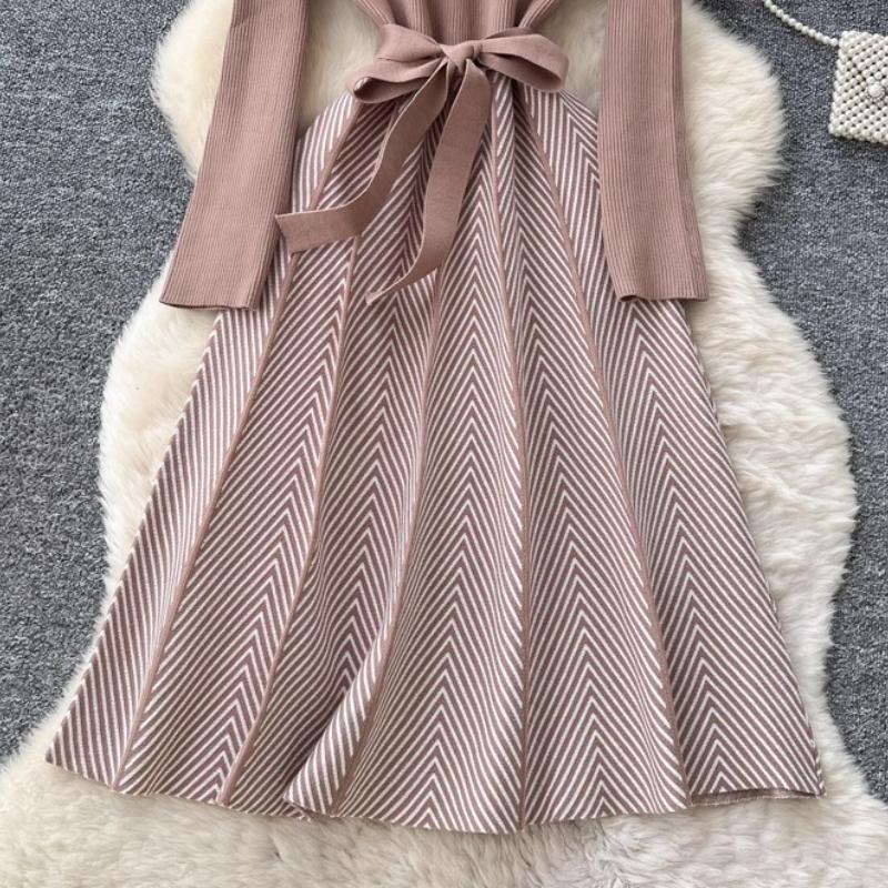 Autumn Winter Women Casual Full Sleeve Striped Knitted Sweater Pullover Lace-up Dresses