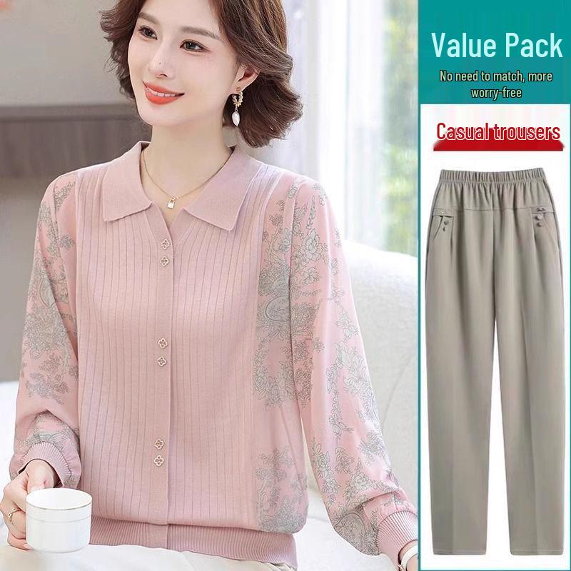 Frühling 2025 Damen Langarm Strick-T-Shirt mit Gazeärmeln für Mütter mittleren und höheren Alters