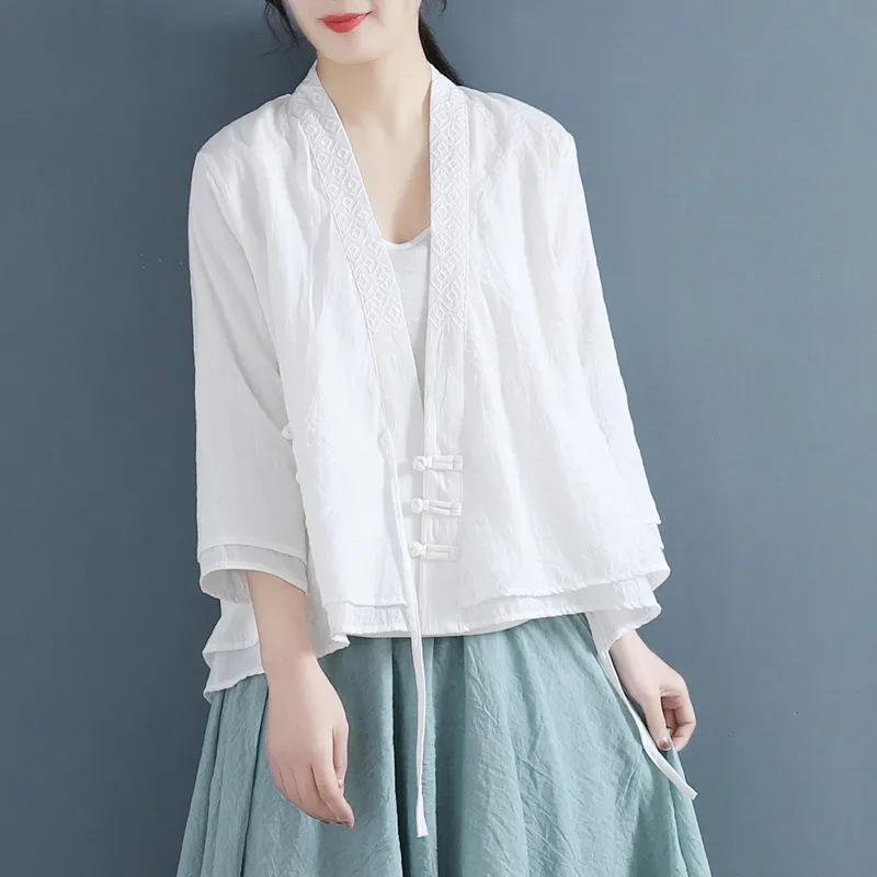 Retro-Ethno-Stil Schwerindustrie Bestickte Bluse Damen Literarische und künstlerische Plattenschnalle Stehkragen Loses Übergrößenhemd Temperamenthemd