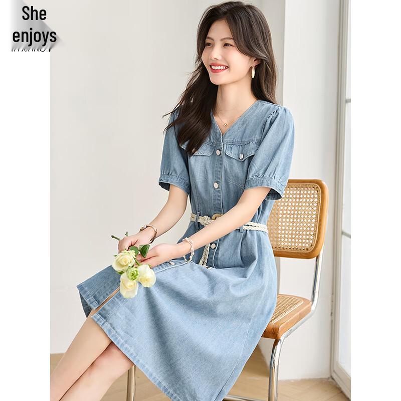 Women's V-Neck Short Sleeve Belted Denim Midi Dress