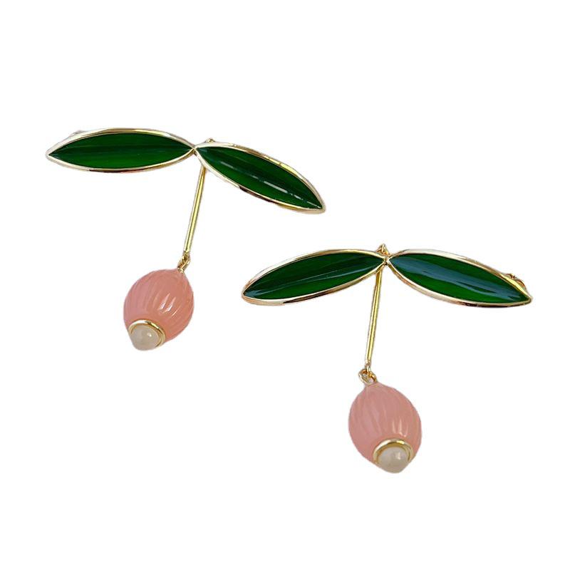 Elegant Green Leaf Enamel Drop Earrings