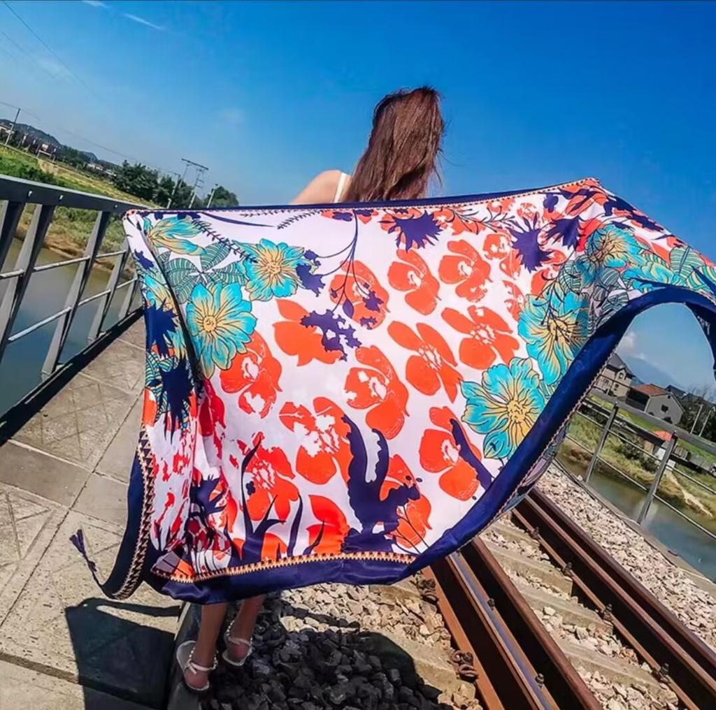 180Cmflower Printed Silk Scarf Ethnic-Style Twill Cotton Scarf Multi-Functional Travel Sun Protection Shawl Women'S Headscarf