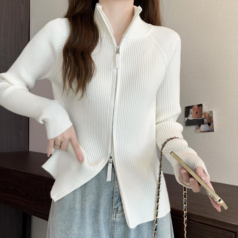 Autumn and winter double zipper stand-up neck sweater jacket women's shoulder knitted sweater