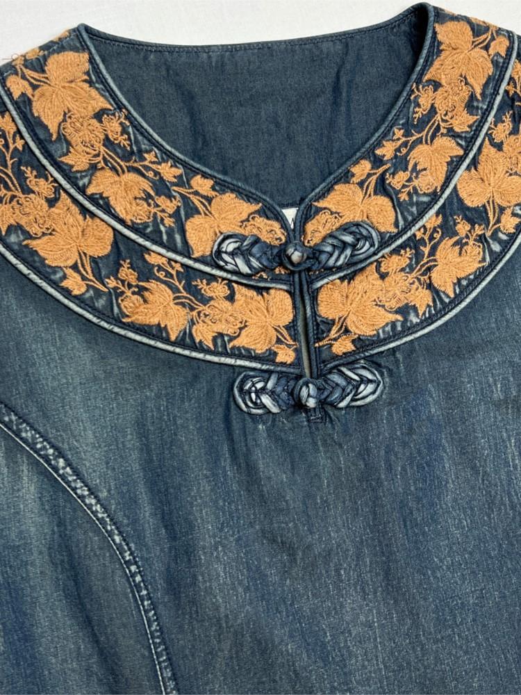 Johnature Rochie în stil chinezesc, broderie la modă pentru femei, de culoare solidă, rochii neregulate din denim coadă de pește