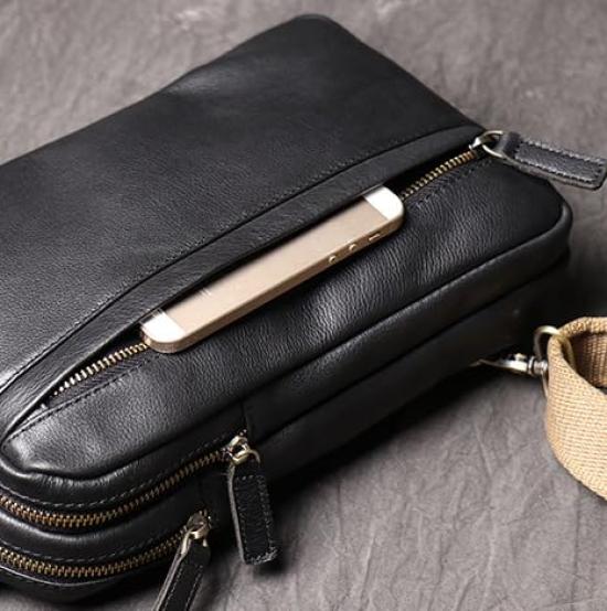 NICE SELECTION Men's Genuine Leather Shoulder Bag, Crossbody Bag, Large Capacity, One-Shoulder Bag, A5 Size, Water-Repellent, Durable, Cowhide