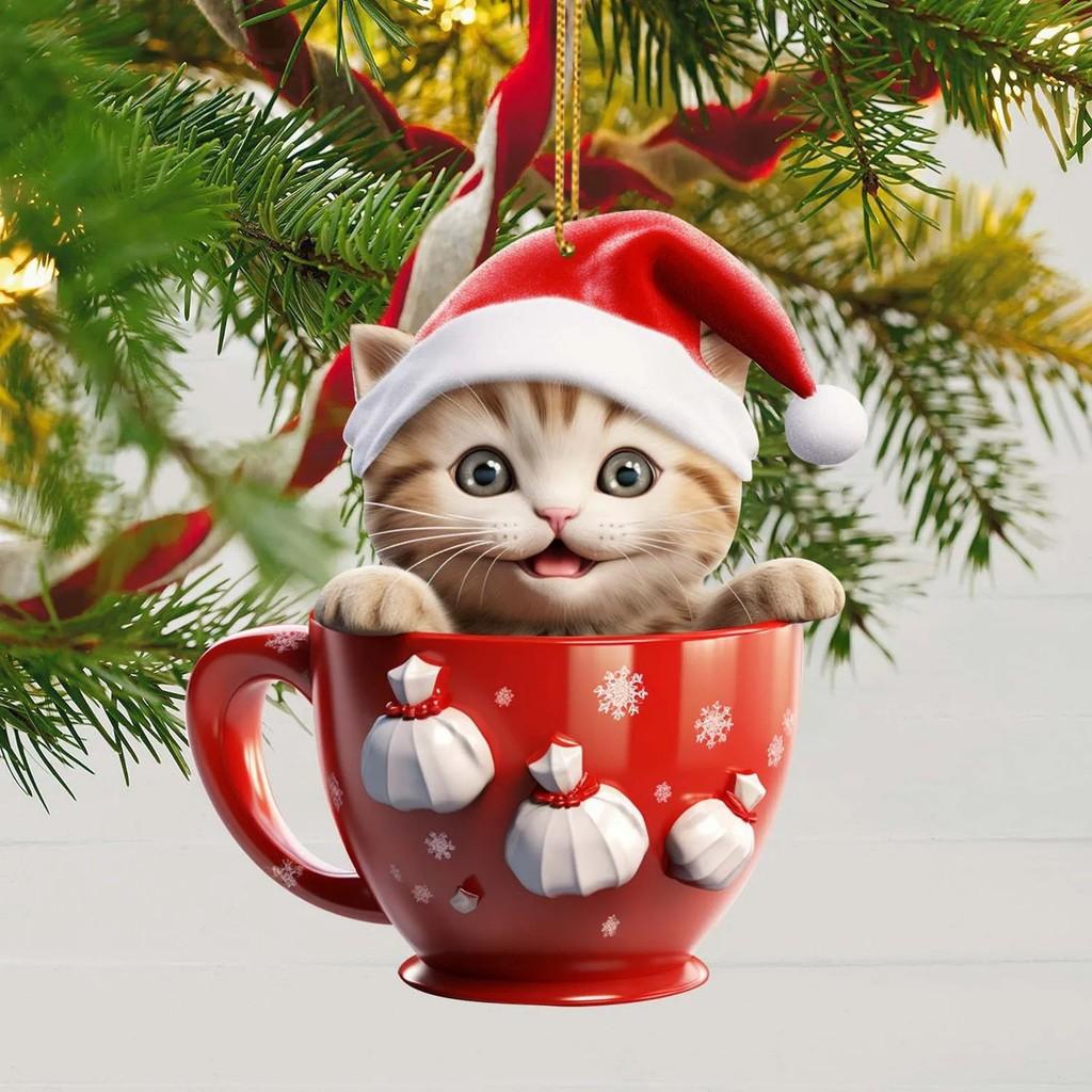 Flat Acrylic Surface Pendant With Cute Cat Wearing Christmas Hat Design Decor