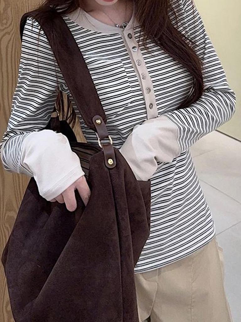 Women's Apricot Cross-Stripe Sweater: Autumn/Winter, Long-Sleeved, Half-Open Collar, Slim Fit, Short Spliced Design
