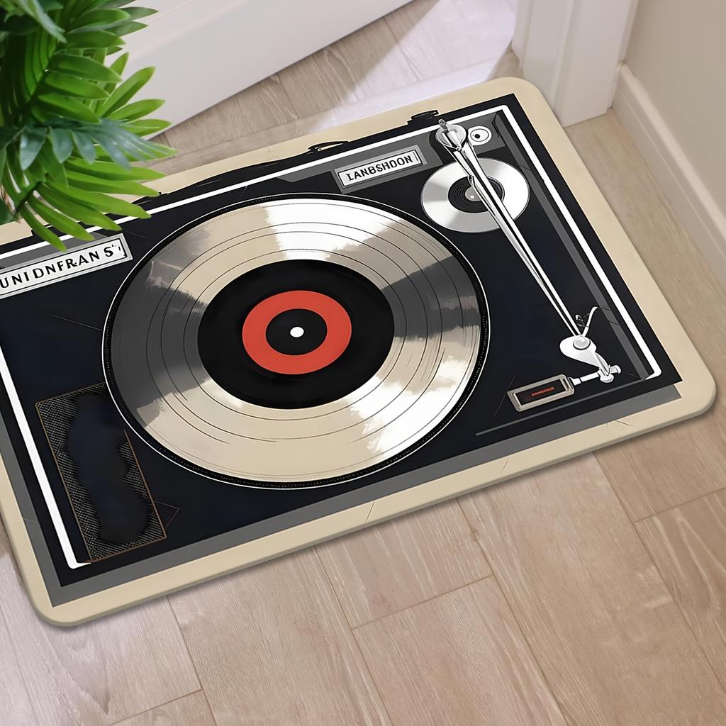 Retro Record Player Print Flannel Area Rug Music Theme Soft Comfortable Floor Mat For Living Room Bedroom Study