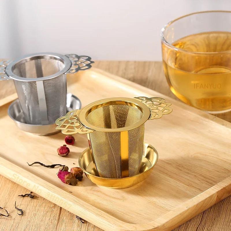 Double-layer Lace Tea Strainer Set with Tray Stainless Steel Filter Mesh Sieve Tea Drain Useful Infusers Kitchen Tools Teaware