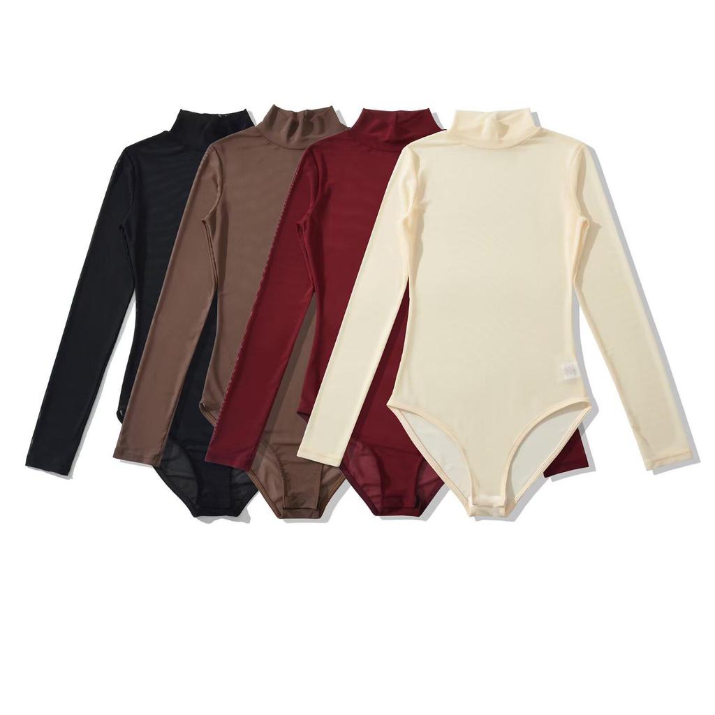 YPFF Women's Trendy Mesh High Neck See-Through Bodysuit - Slim Fit Long Sleeve Top