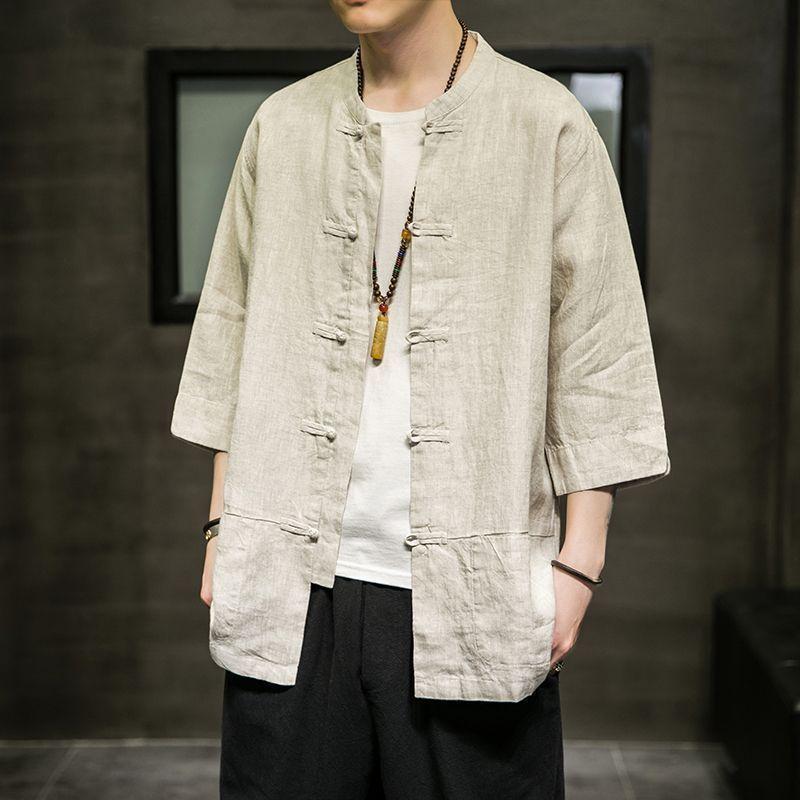 Tang Suit Chinese Style Shirts for Man Fashion Summer Short Sleeve Imitation Linen Shirts Men Stand Collar Bamboo Embossing Tops