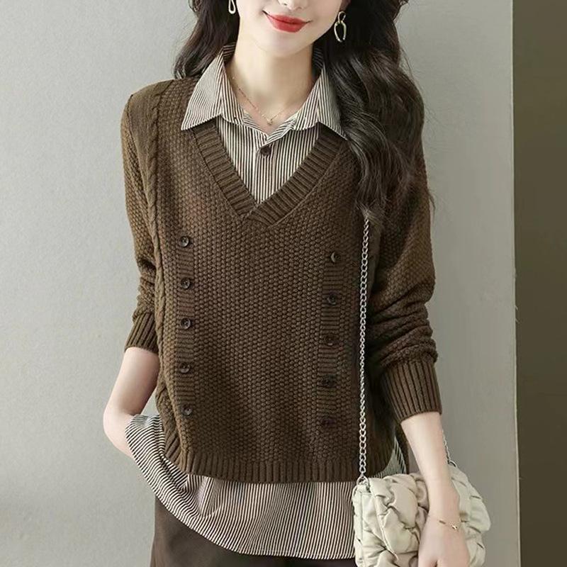 Gefälschte zweiteilige Strickpullover Damen Splice Shirt Kragen Frühling Herbst koreanische lose Langarm Pullover braun Shirt