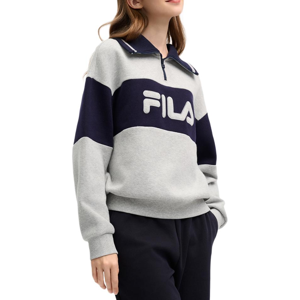 FILA Original Logo Embroidered Color Block Loose Casual Pullover American Style Half Zip Sweatshirt Women sweatshirt F11W519204F-MG