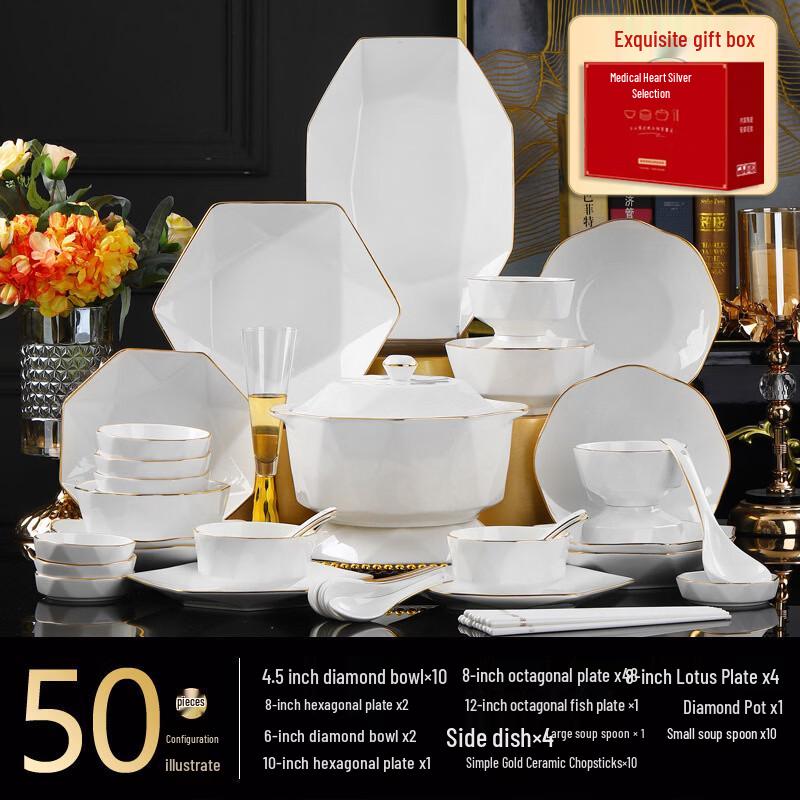Ruhan Jingdezhen Gold-Trimmed Ceramic Dinnerware Set