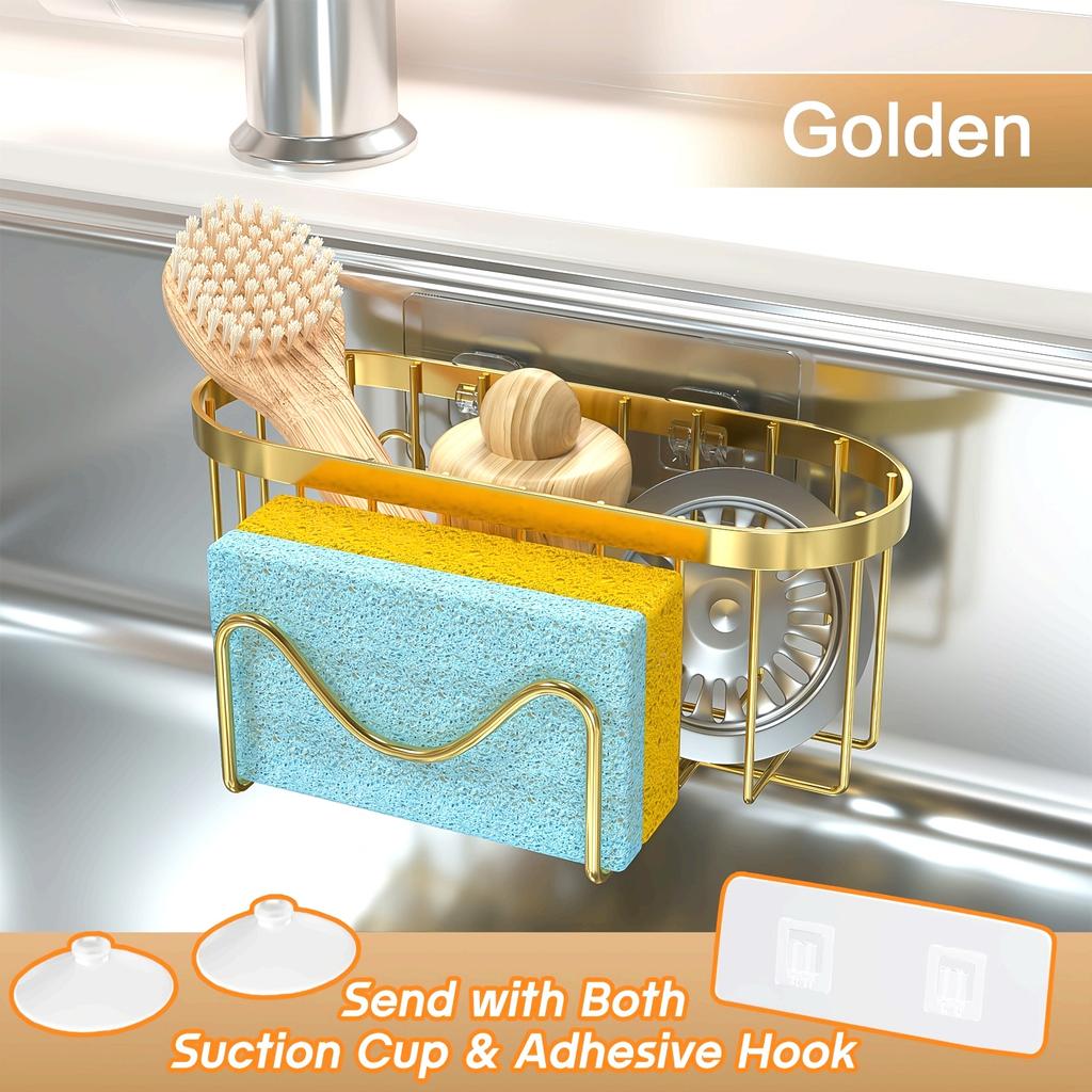 Soporte para Esponjas 2 en 1 de Acero Inoxidable para Fregadero de Cocina - Organizador Caddy Montado en Pared con Gancho Adhesivo y Ventosa, Perfecto para Esponjas, Cepillos