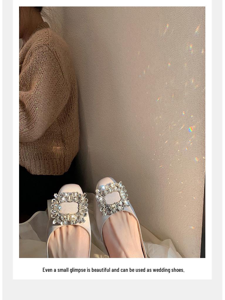 Elegant Spring & Autumn Rhinestone Buckle Square Toe Satin Flats for Women