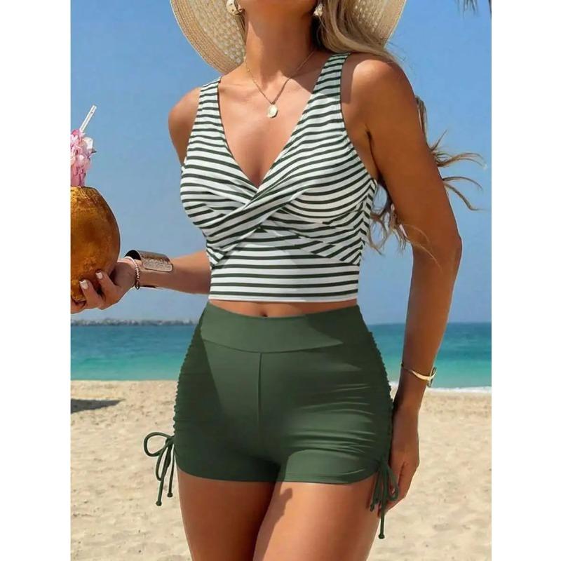 Gestreiftes V-Ausschnitt-Tankini-Set Mit Seitlicher Bindeschorts Strand-Badebekleidung Für Damen